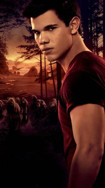 A young man stands with wolves in a forest at sunset in Twilight movie, 2K Phone Wallpaper