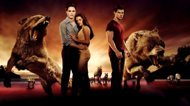 Twilight movie characters standing with wolves at sunset in a dramatic scene, HD Desktop Wallpaper