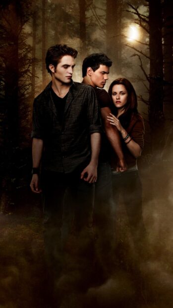 The main characters from the Twilight movie stand closely in a misty forest at dusk, 2K Mobile Wallpaper
