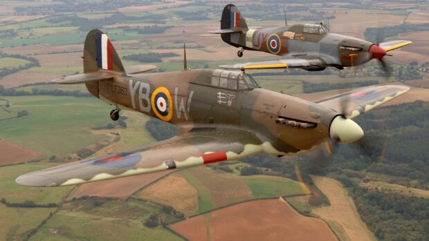 Two Hawker Hurricane planes in flight over fields, HD Desktop Wallpaper