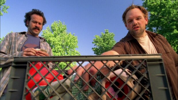 A scene shows two characters from My Name Is Earl Tv Series standing outside with a crate, HD Desktop Wallpaper