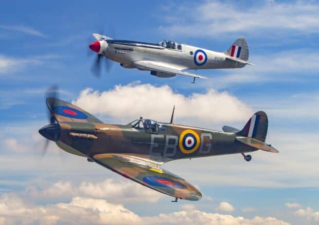 Two Hawker Hurricane planes fly together during the day with clouds in the background, HD Desktop Wallpaper