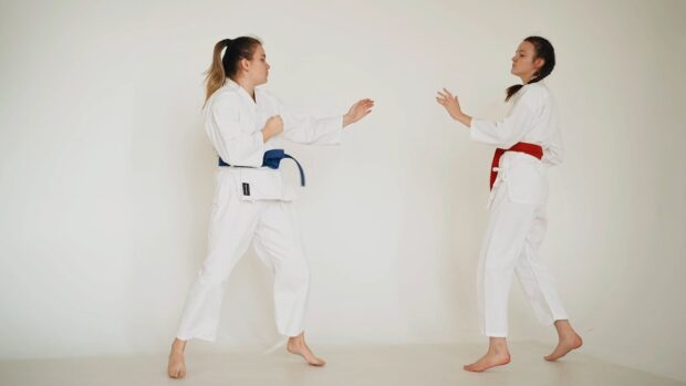 Two women wearing karate uniforms and performing a sparring session in karate practice, HD Desktop Wallpaper