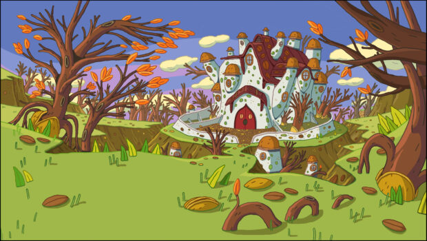 The Adventure Time Tv Series shows a detailed castle surrounded by colorful trees, 2K Desktop Wallpaper