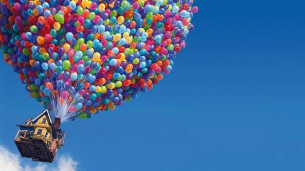 The up house is flying in the blue sky with many colorful balloons in Pixar Wallpapers, 4K Desktop Wallpaper