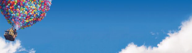 A house is lifted into the bright blue sky by many colorful balloons in a Pixar Wallpapers scene, 4K Desktop Wallpaper