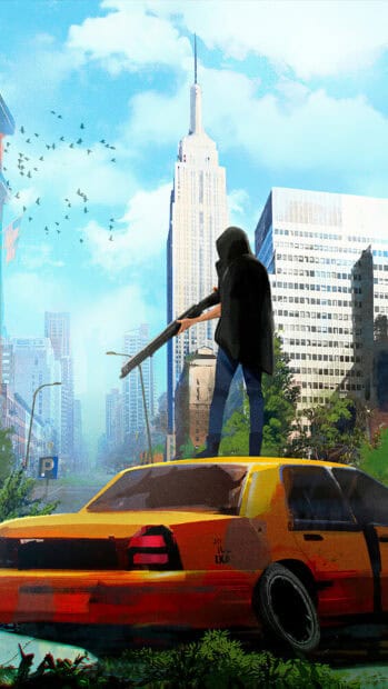 A lone figure stands ready on an abandoned taxi in the ghost town setting, HD Phone Wallpaper