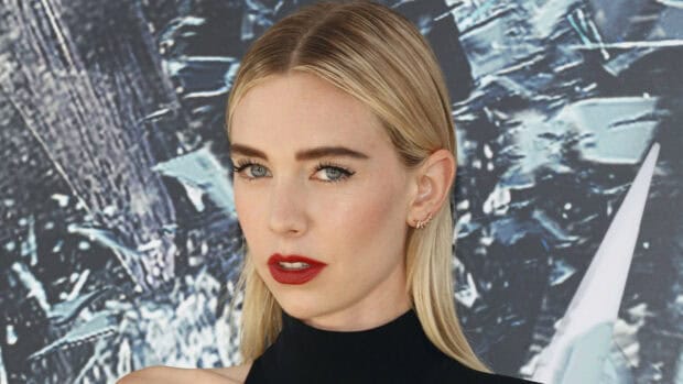 Vanessa Kirby looks confidently with red lipstick and blonde hair, HD Desktop Wallpaper