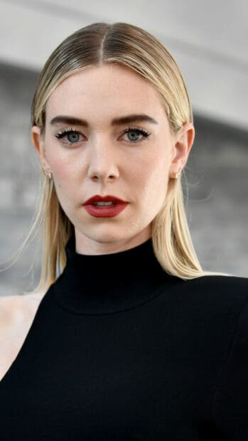 Vanessa Kirby wallpapers shows a close up of a woman with blonde hair and red lipstick, HD Phone Wallpaper