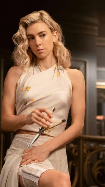 Vanessa Kirby holding butterfly knives while sitting and wearing a white dress, 4K Mobile Wallpaper