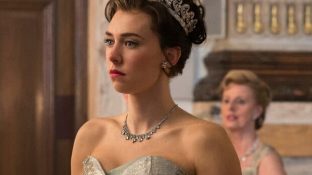 Vanessa Kirby in a detailed royal outfit and jewelry looking serious, HD Desktop Wallpaper