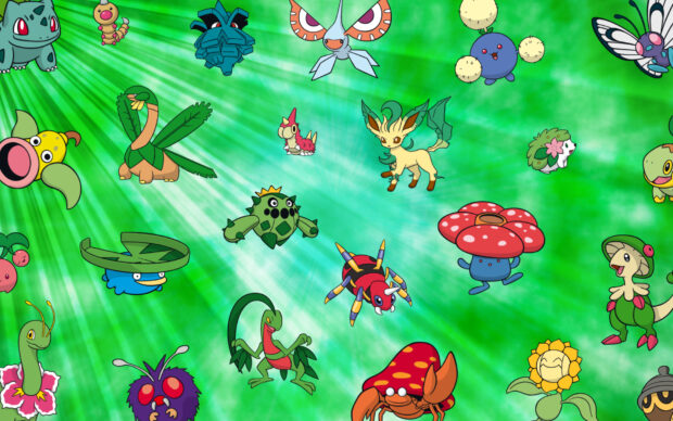 The image shows various Grass Pokemon with green light beams in the background, HD Desktop Wallpaper