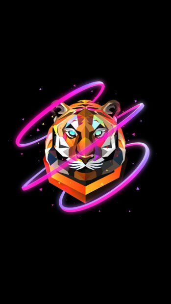 A geometric tiger face with glowing neon rings in digital art style featuring Justin Maller Wallpapers, HD Mobile Wallpaper