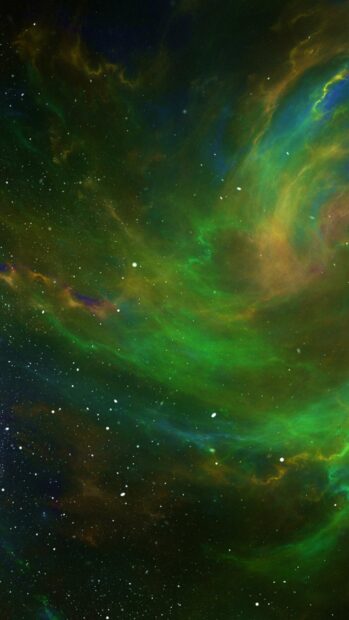 A vibrant green nebula glows with swirling cosmic clouds in deep space, 4K Phone Wallpaper