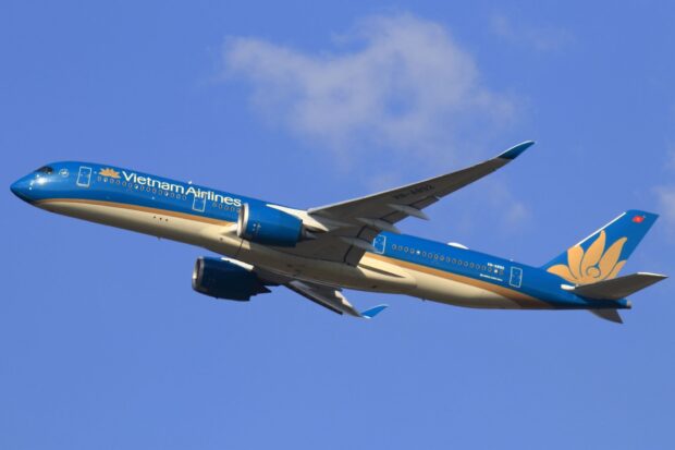 A Vietnam Airlines plane flies high with a clear blue sky background, HD Desktop Wallpaper