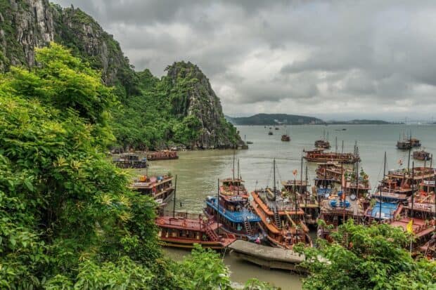 Vietnam Wallpapers featuring a busy harbor with traditional boats and green limestone hills, 2K Desktop Wallpaper