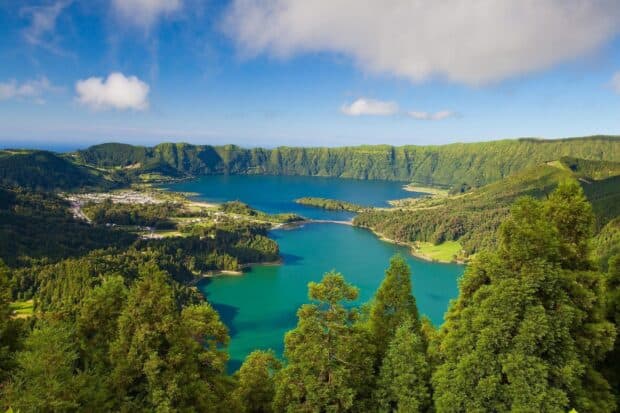 The Azores showcases a stunning volcanic lake surrounded by lush green hills, HD Desktop Wallpaper