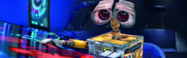 Wall E robot interacts with a holographic interface in a Pixar Wallpapers scene, 4K Desktop Wallpaper