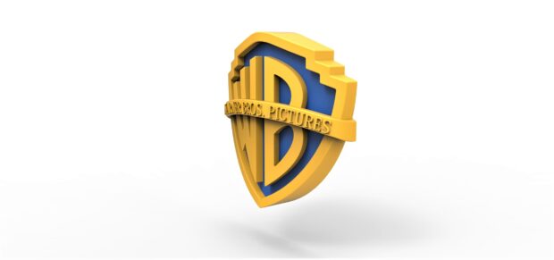 A 3D yellow and blue Warner Bros logo emblem floating on white, HD Desktop Wallpaper