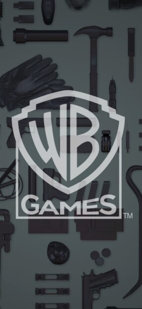 The Warner Bros Wallpapers logo is displayed over various black weapons and tools arranged on a surface, HD Phone Wallpaper