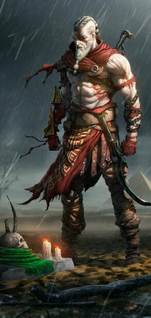 A fierce warrior stands in the rain with a sword and shield, HD Mobile Wallpaper