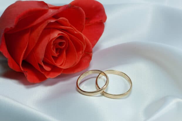 Two gold wedding rings placed on white fabric next to a vibrant red rose, HD Desktop Wallpaper