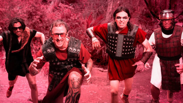 Weezer Wallpapers showing the band members running in red costumes, HD Desktop Wallpaper