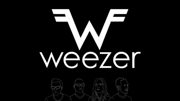 A black and white minimalistic design of Weezer logo above a sketch of the band members, HD Desktop Wallpaper