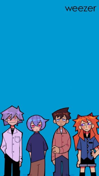 The image shows cartoon characters of Weezer band members standing on a blue background, HD Mobile Wallpaper