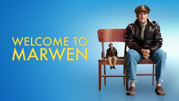 A man in a leather jacket sits next to a miniature figure on a chair in this Robert Zemeckis wallpaper, 4K Desktop Wallpaper