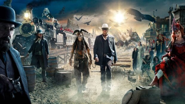 Western showdown with men walking near a train under a dramatic sky full of birds, 2K Desktop Wallpaper