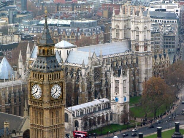 The view includes Westminster Abbey and the iconic Big Ben clock tower in London, HD Desktop Wallpaper