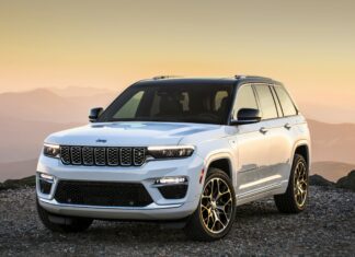 A white Jeep Grand Cherokee is parked on rocky terrain with mountains in the background at sunset, 4K Desktop Wallpaper