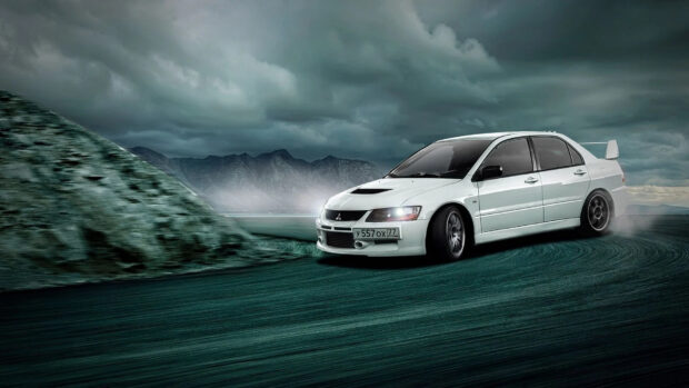 A white Lancer Evo is drifting sharply on a mountain road under a cloudy sky, HD Desktop Wallpaper