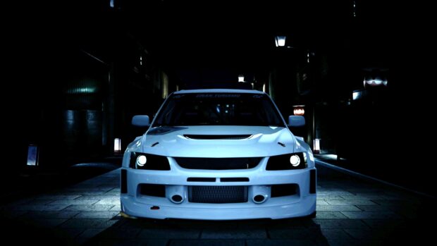 A white Lancer Evo with illuminated headlights is parked in a dark urban alley, Lancer Evo Wallpapers, 4K Desktop Wallpaper