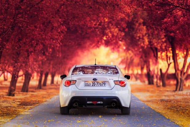 A white Subaru Brz is parked on a tree lined road covered with autumn leaves, Subaru Brz Wallpapers, HD Desktop Wallpaper