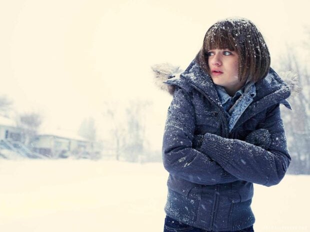 Fargo Wallpapers, A girl wearing a winter jacket covered in snow stands outside in a snowy landscape during a snowstorm, HD Desktop Wallpaper