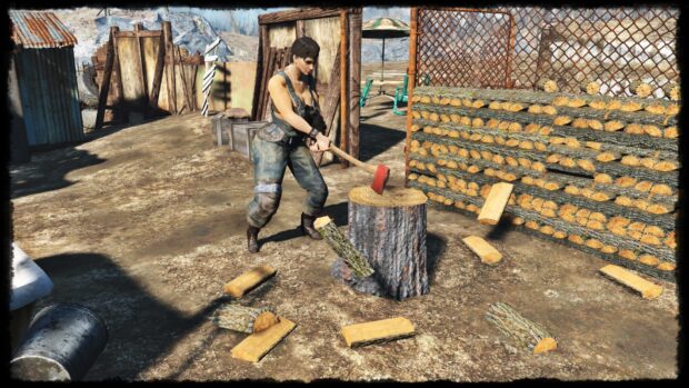 A woman is chopping wood actively with an axe in a lumberjack setting, HD Desktop Wallpaper