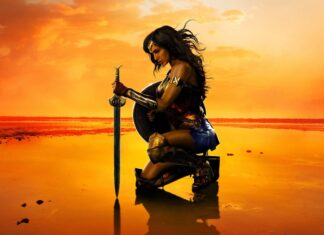 Wonder Woman is kneeling with a sword and shield during a golden sunset, 2K Desktop Wallpaper