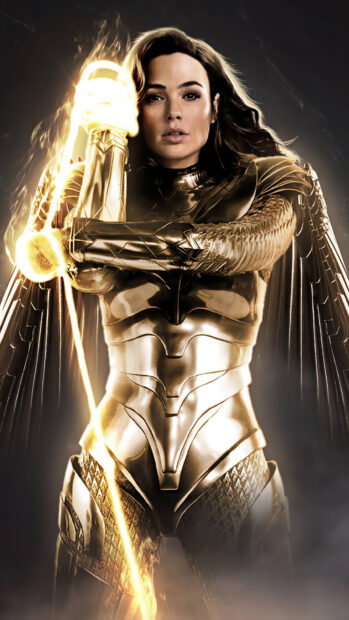 Wonder Woman in golden armor holding a glowing lasso ready for battle, 4K Phone Wallpaper