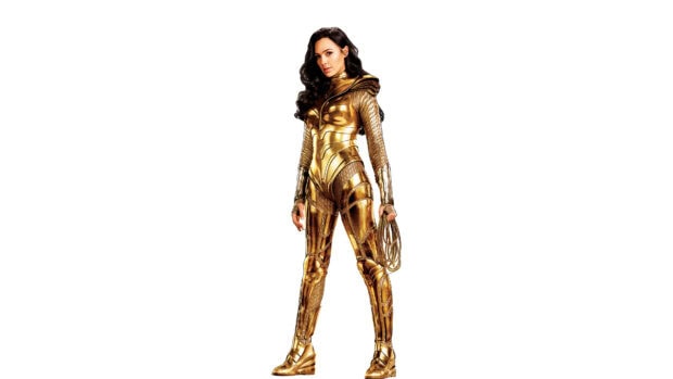 A woman dressed in golden armor holding a lasso stands confidently, 4K Desktop Wallpaper