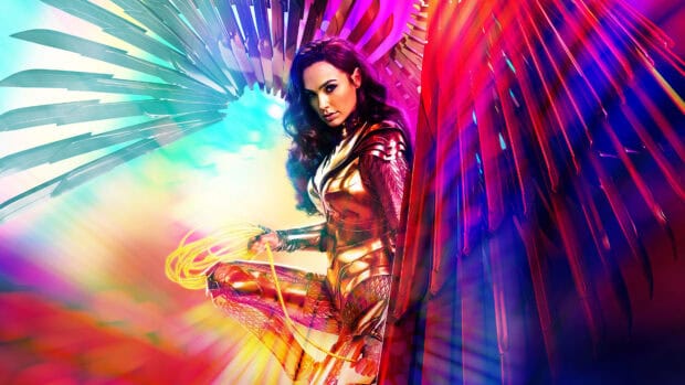 Wonder Woman movie features a hero in shining armor holding a glowing lasso against vibrant colorful wings, 4K Desktop Wallpaper