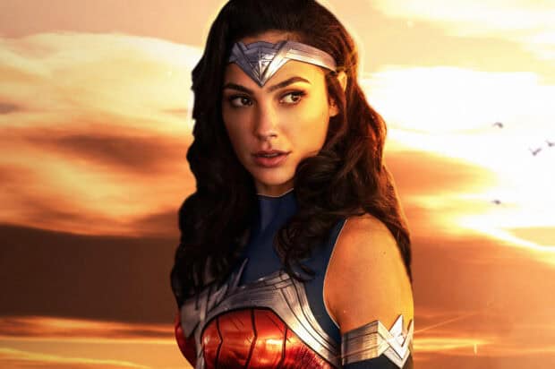 A close up of Wonder Woman in her armor looking to the side at sunset, 2K Desktop Wallpaper