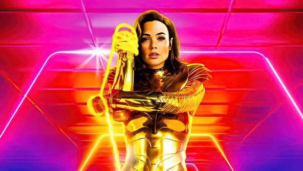 A portrait of Wonder Woman movie character wearing golden armor in a vivid futuristic setting, 4K Desktop Wallpaper