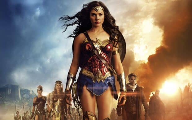 Wonder Woman movie characters stand strong in a dramatic war scene, 2K Desktop Wallpaper