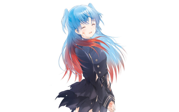 A smiling anime character with blue and red hair is shown wearing a torn dark dress, HD Desktop Wallpaper