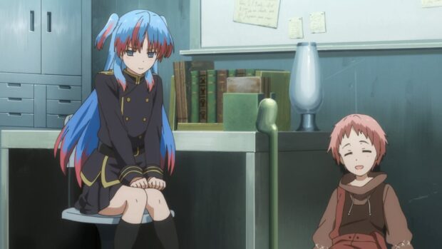 A blue haired character and a smiling companion are sitting in a cozy room from Worldend Anime Wallpapers, HD Desktop Wallpaper