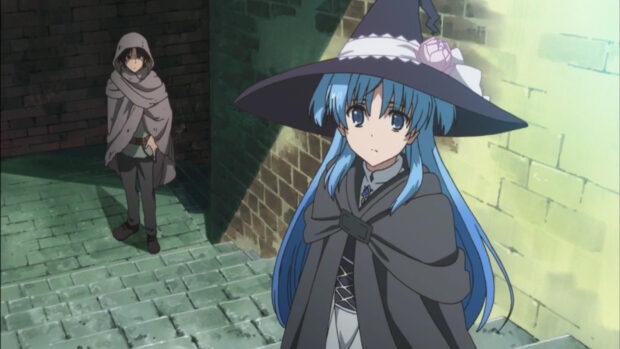 A girl with blue hair and a boy stand in a dim stone alley in Worldend Anime Wallpapers, HD Desktop Wallpaper