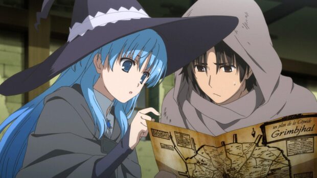 Two Worldend Anime characters study a map inside a building, HD Desktop Wallpaper