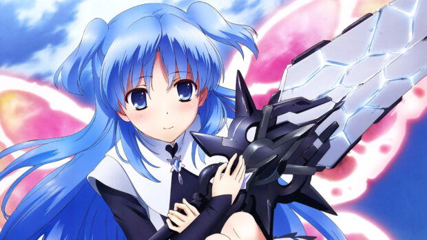 A blue haired anime girl holds a large sword with a bright magical background in Worldend Anime Wallpapers, HD Desktop Wallpaper